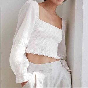 Wilfred Artizia Soiree Top White Cropped Smocked Puff Sleeve Organic Cotton XS